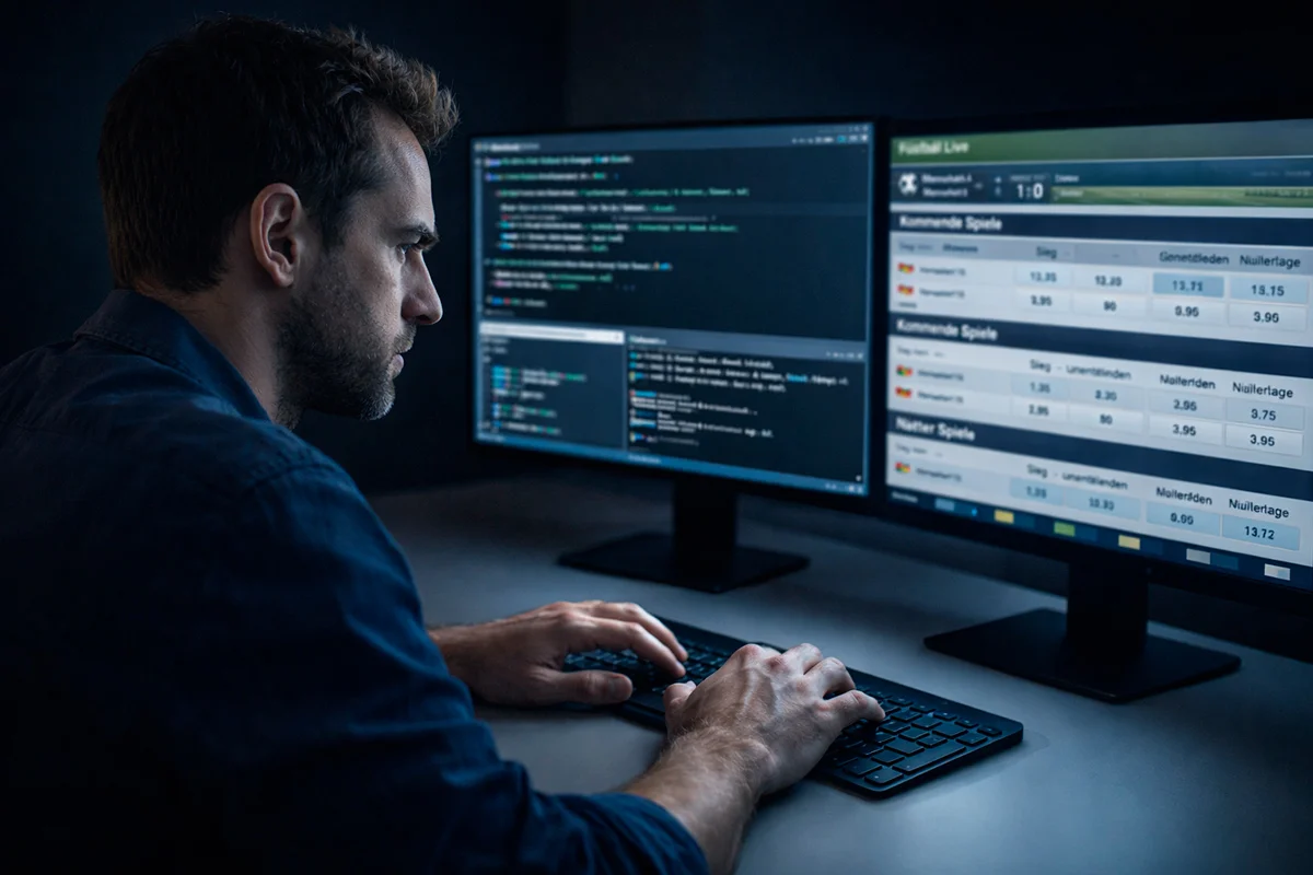 Programmierer vor einem Monitor mit Code und Sportwetten-Daten in einem modernen Büro