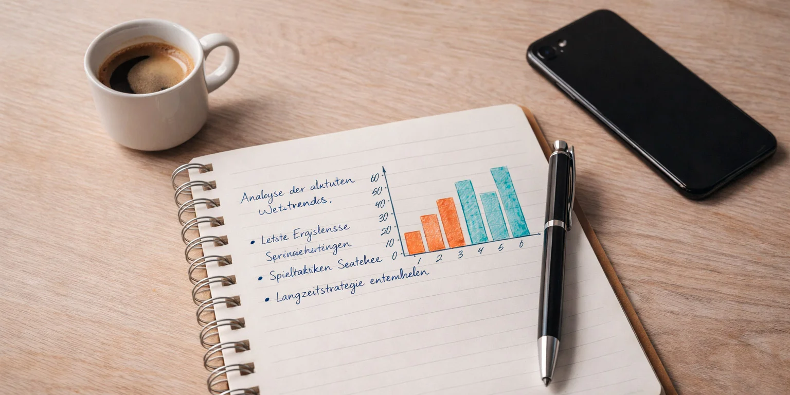 Notizbuch mit handgeschriebener Bankroll-Strategie und einem Stift auf einem Schreibtisch