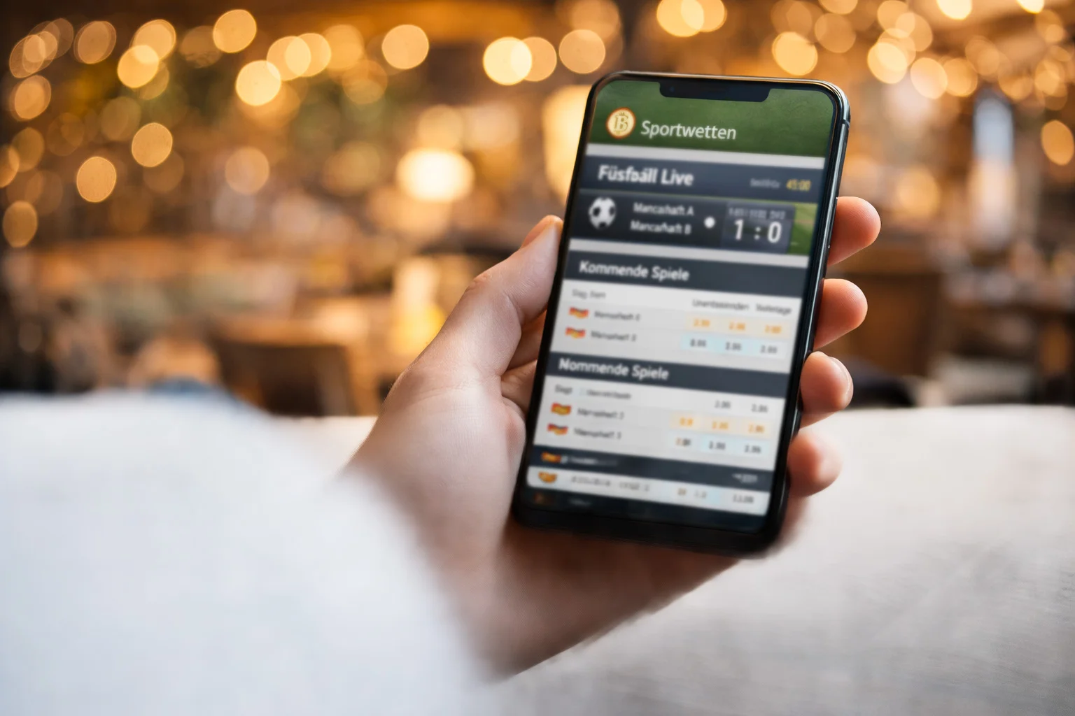 Smartphone zeigt eine Sportwetten-App mit Bitcoin-Einzahlung