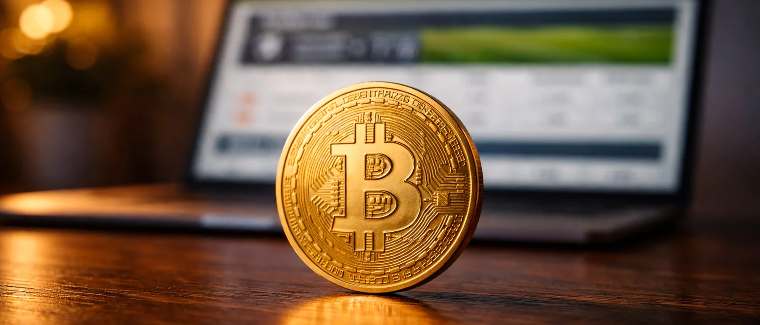 Bitcoin-Münze auf einem Laptop neben einem Sportwetten-Bildschirm – Symbolbild für BTC-Sportwetten ohne Limit