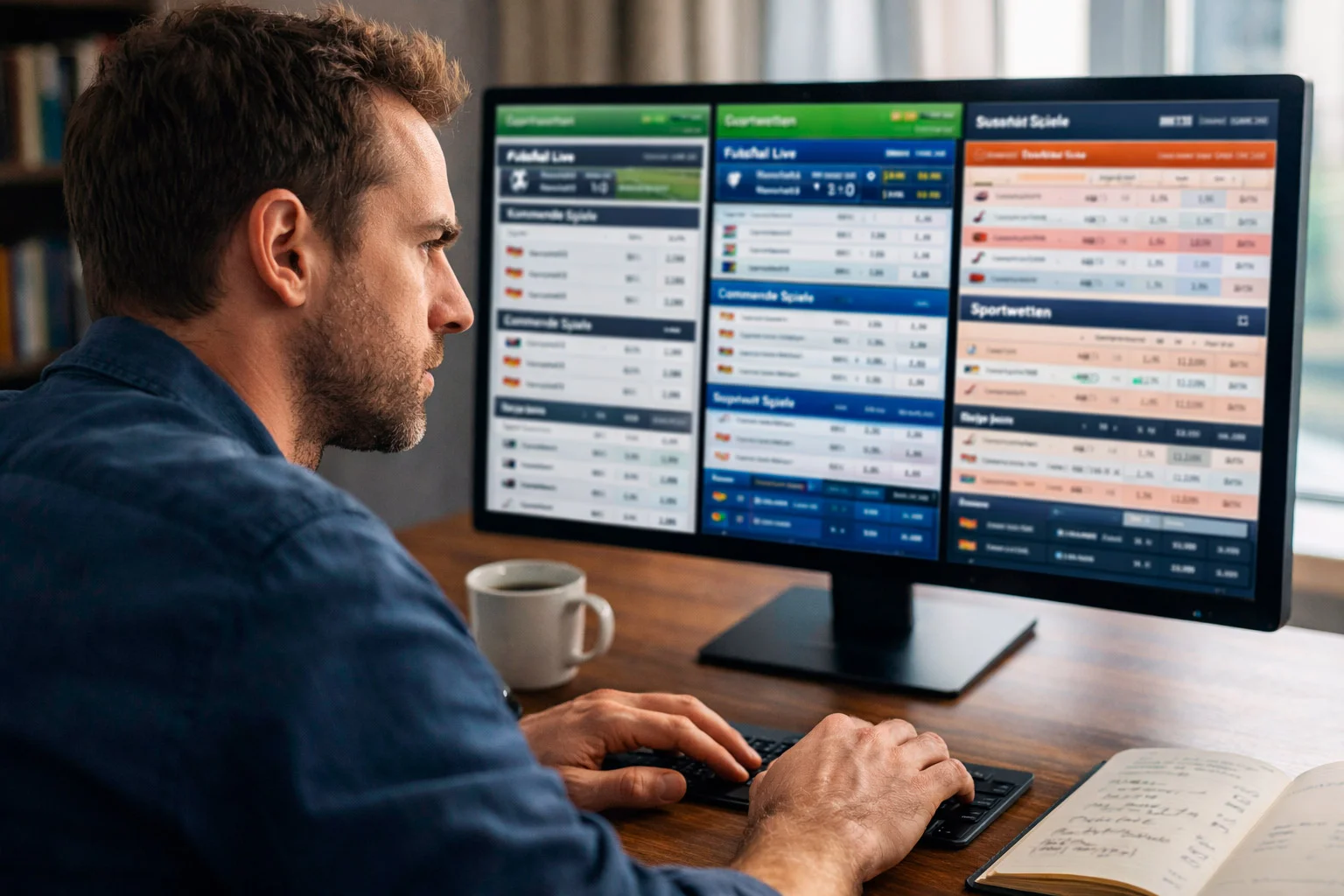 Mann vergleicht Sportwetten-Anbieter auf dem Bildschirm mit Notizen