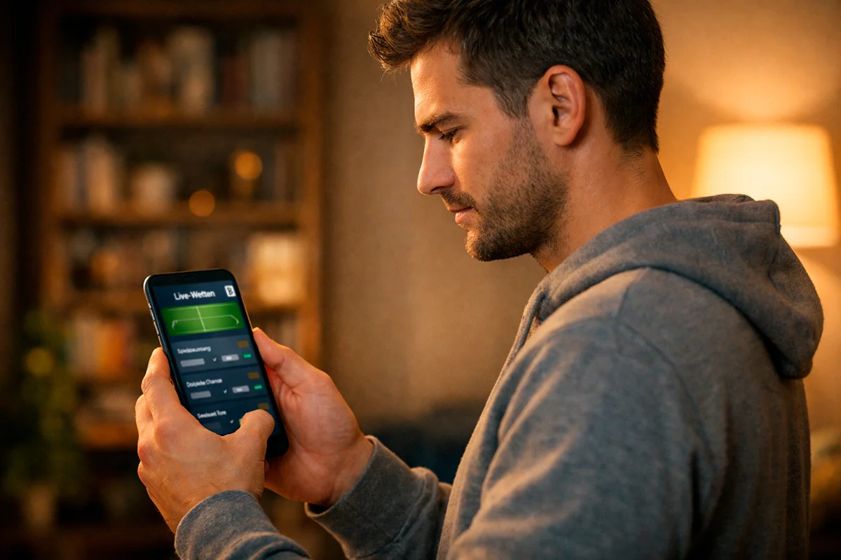 Mann verfolgt Live-Sportwetten auf dem Smartphone mit Bitcoin-Symbol auf dem Bildschirm