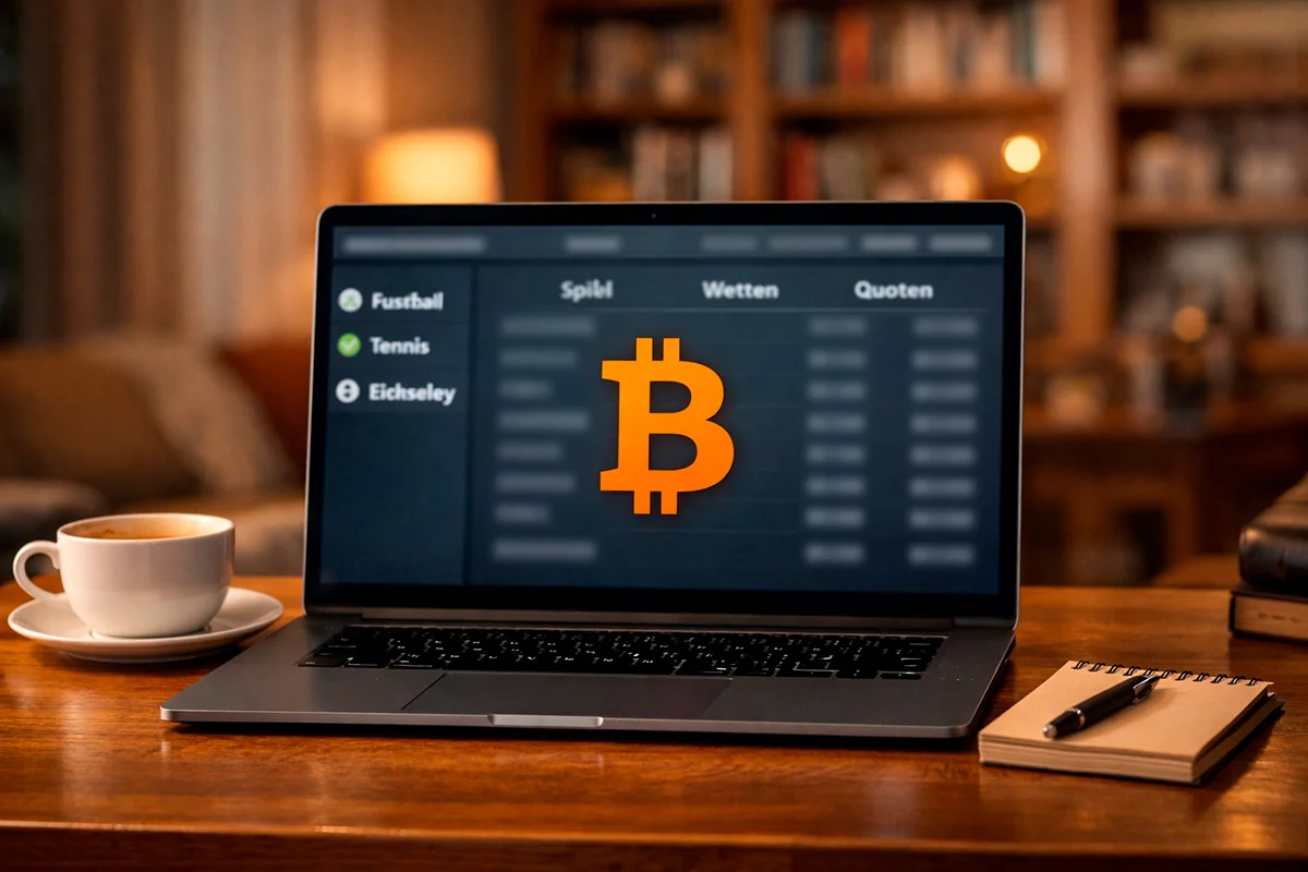 Laptop mit Bitcoin-Wettseite auf dem Bildschirm auf einem Schreibtisch bei Abendlicht