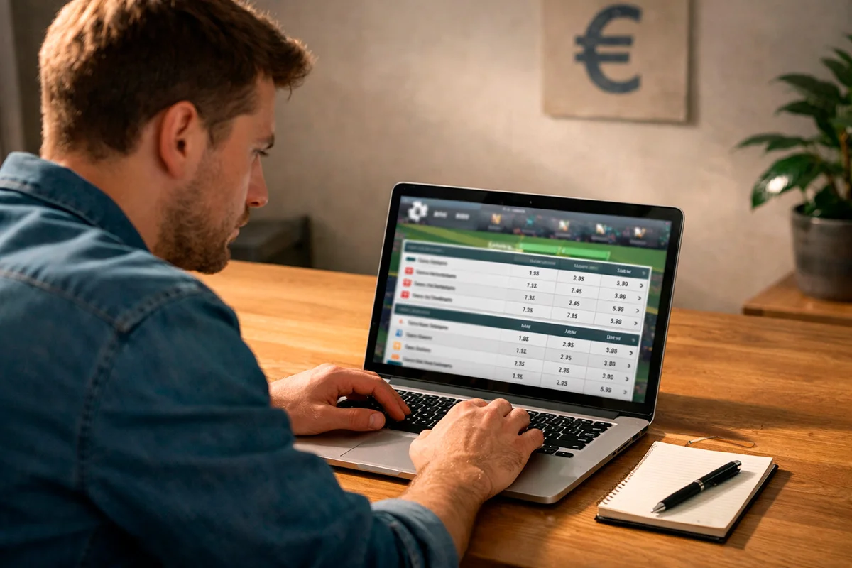 Sportwetter analysiert Bitcoin-Wettanbieter am Laptop mit Krypto-Symbolen