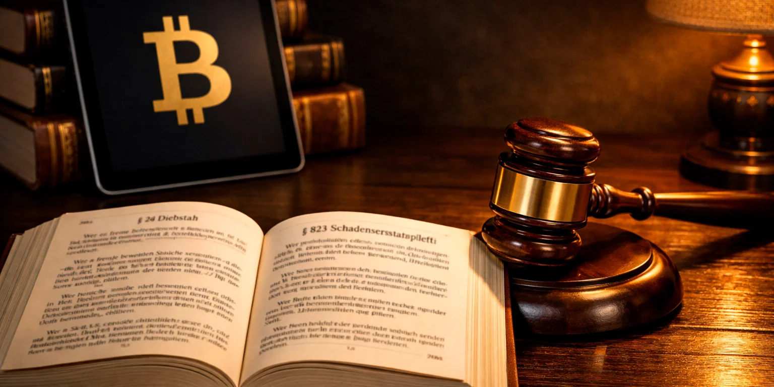 Gesetzbuch und Richterhammer neben einem Tablet mit Bitcoin-Symbol – Rechtslage in Deutschland