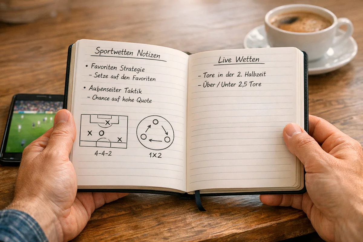 Sportwetter analysiert Statistiken in einem Notizbuch neben einem Smartphone mit Live-Wetten
