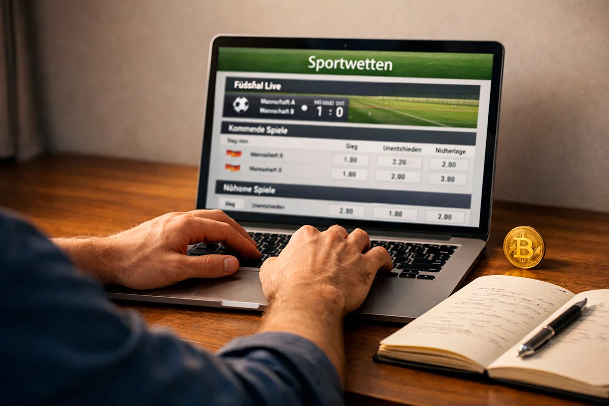 Sportwetter analysiert Wettquoten am Laptop neben einem Bitcoin-Symbol
