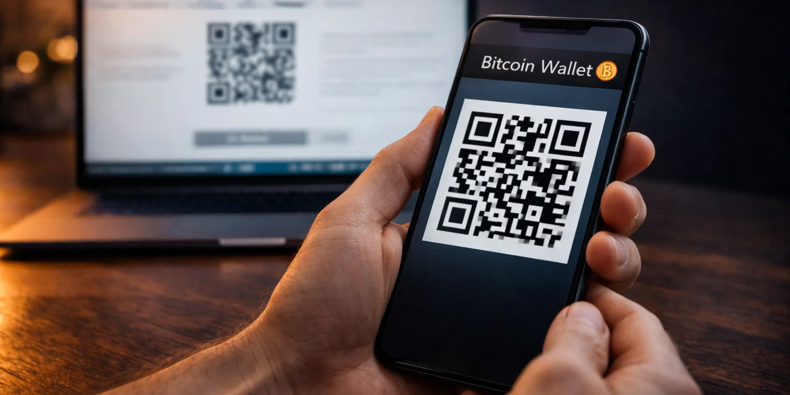 Smartphone mit geöffneter Bitcoin-Wallet-App zeigt QR-Code für eine Sportwetten-Einzahlung