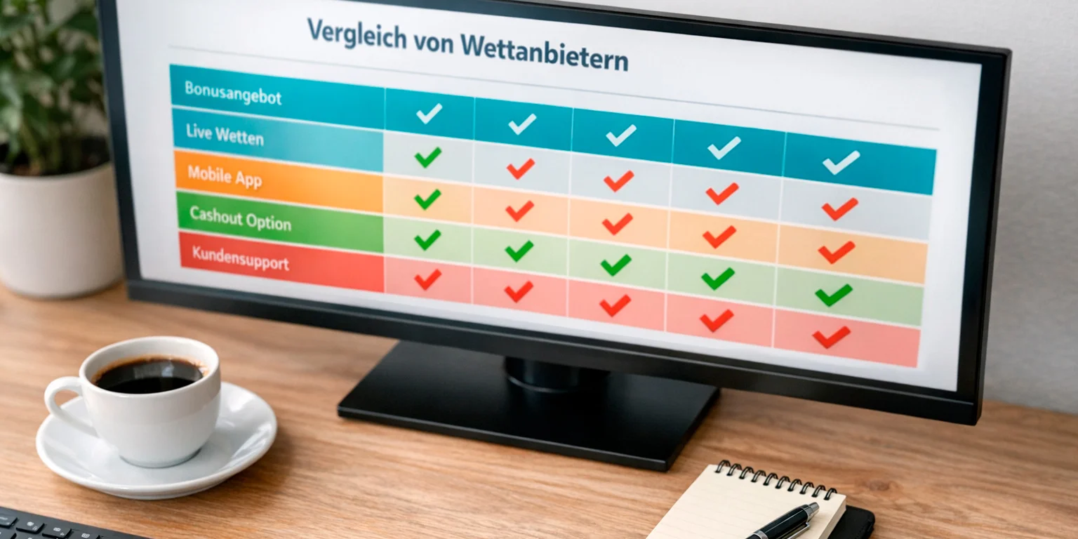 Vergleichstabelle verschiedener Krypto-Wettanbieter auf einem Monitor-Bildschirm