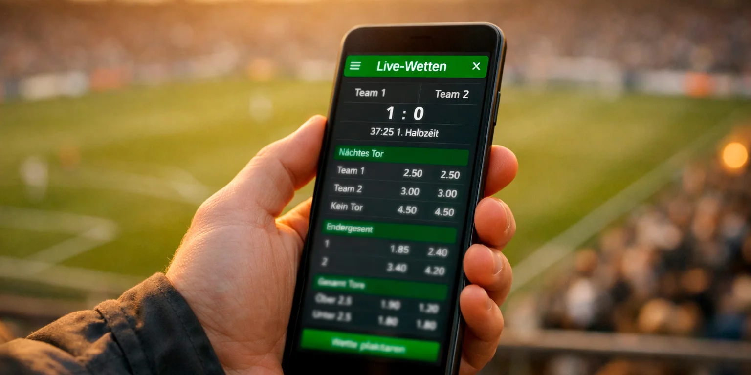 Person hält Smartphone mit geöffneter Sportwetten-App und Live-Quoten im Stadion